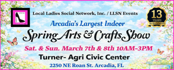Join us Saturday & Sunday, March 7th & 8th 2026 from 10AM-3PM at the Turner Agri- Civic Center for Arcadia's Largest Indoors Arts & Crafts Show! Over 100 vendors participating featuring a huge variety of very talented artists, crafters, artisans, food trucks and more! FREE Public admission & FREE parking. This is a 2 day event. Vendors will vary each day.